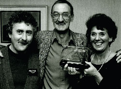 Keith Clifford (centre) with Trevor Hoyle receiving his Sony award from Sue Johnston for best actor in Randle's Scandals